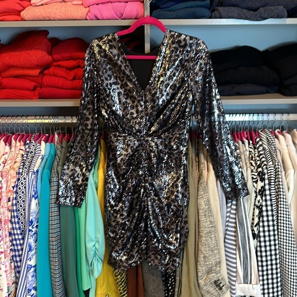 MSGM silver and black sequin leopard print v back mini dress size 8 (runs small) - Picture 2 of 3